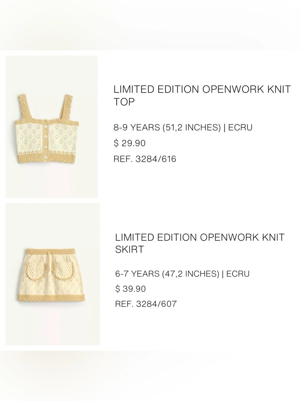 Zara Limited Edition Knit Top and Skirt size 7